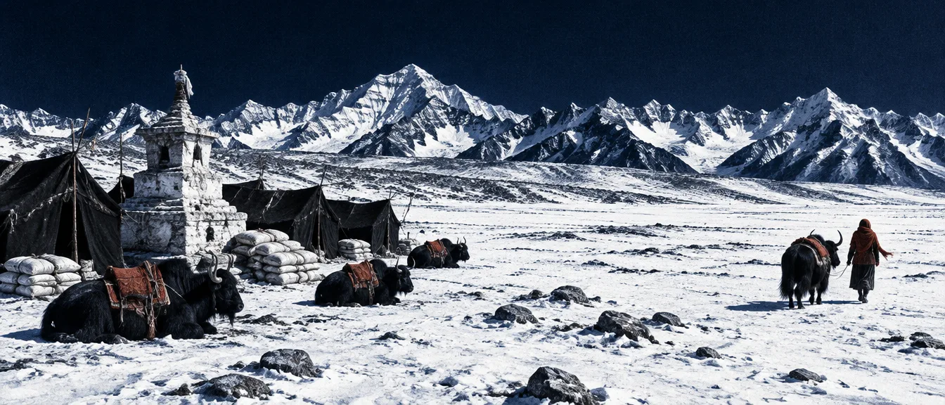 Kemah Chorten Karpo: tenda bulu yak hitam di samping chorten batu putih, karung garam bertumpuk, yak berbaring di salju, dan Dolkar menuntun satu yak ke kanan